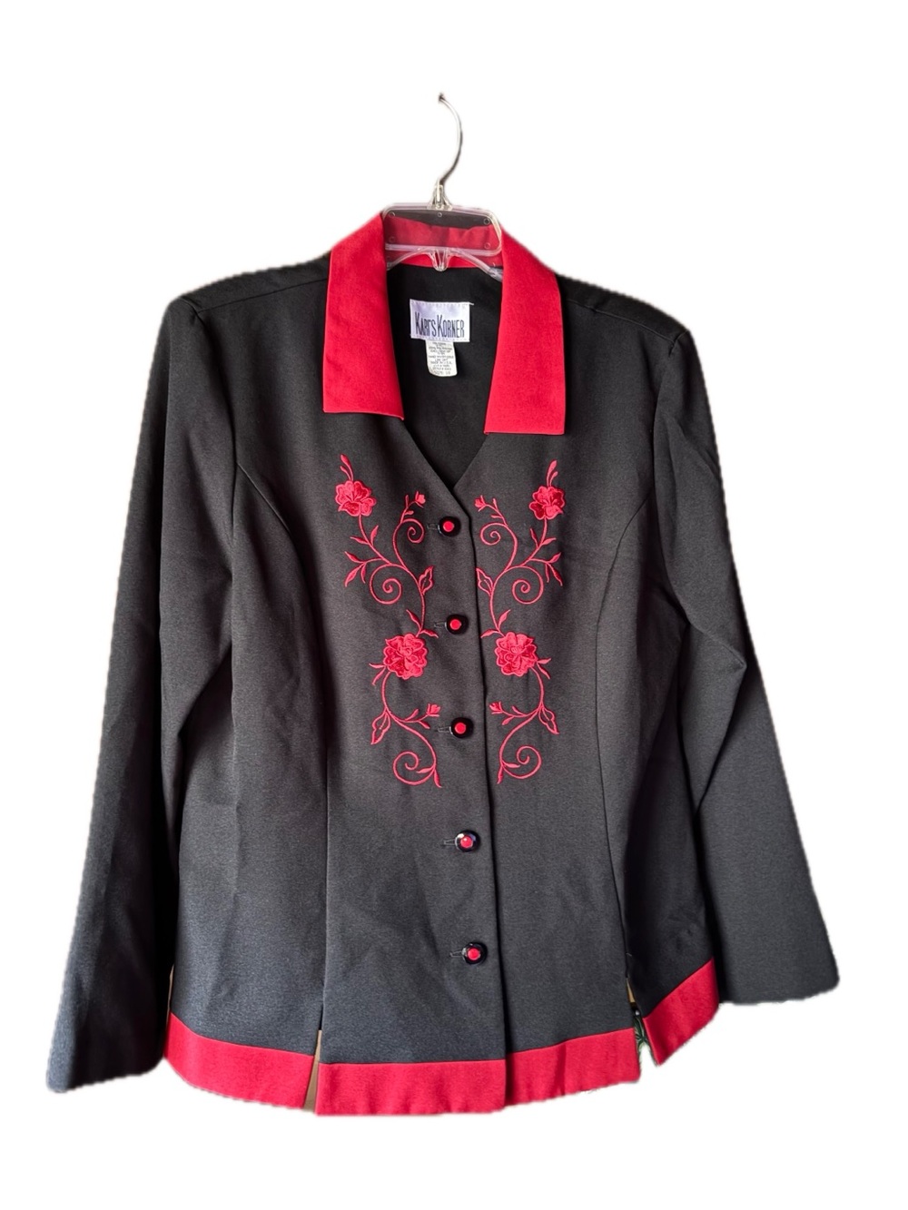 Vintage Kari's Korner 90s Black Red Floral Embroidered Blazer Jacket Size 18